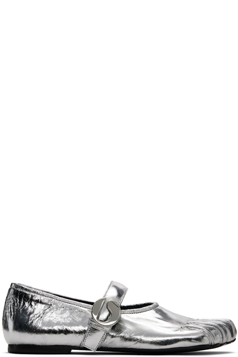 Crinkled leather Mary Jane-style loafers.

· Articulated toes
· Logo hardware at elasticized strap
· Buffed leather lining
· Rubber heel
· Leather sole

Supplier color: Silver