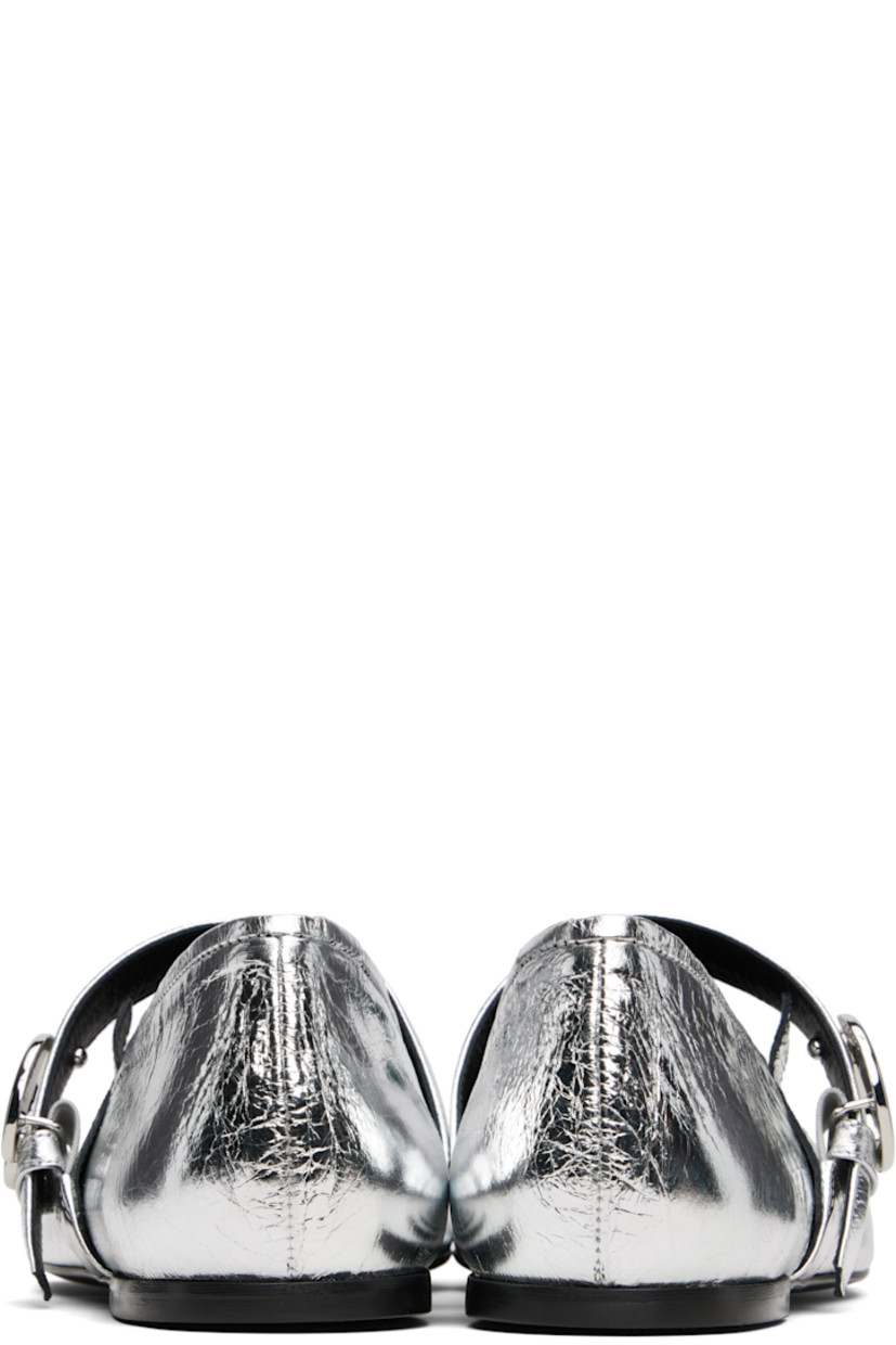 Crinkled leather Mary Jane-style loafers.

· Articulated toes
· Logo hardware at elasticized strap
· Buffed leather lining
· Rubber heel
· Leather sole

Supplier color: Silver