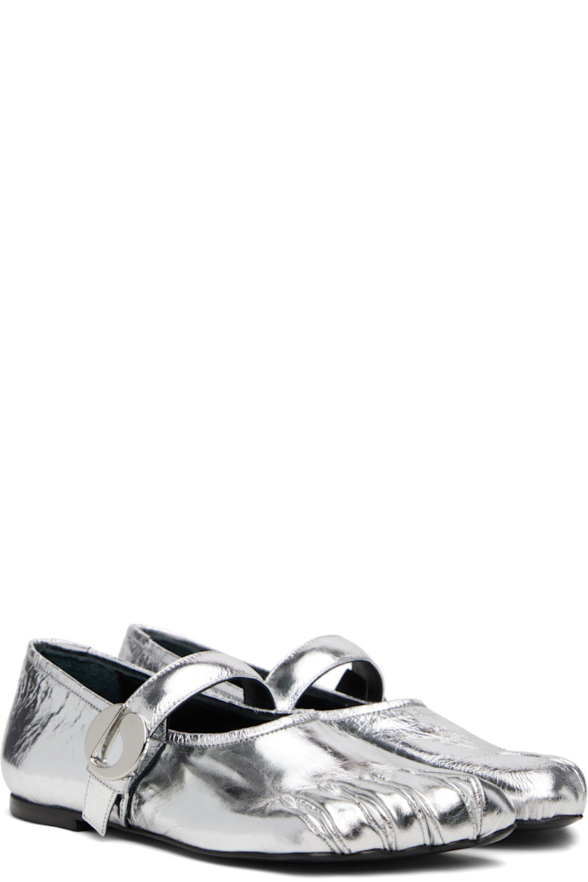 Crinkled leather Mary Jane-style loafers.

· Articulated toes
· Logo hardware at elasticized strap
· Buffed leather lining
· Rubber heel
· Leather sole

Supplier color: Silver