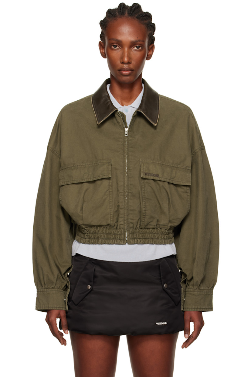 Cotton twill jacket.

· Subtle distressing throughout
· Grained lambskin spread collar
· Zip closure
· Flap pockets at waist
· Logo embroidered at pocket
· Elasticized cropped hem
· Dropped shoulders
· Press-stud barrel cuffs

Supplier color: Khaki