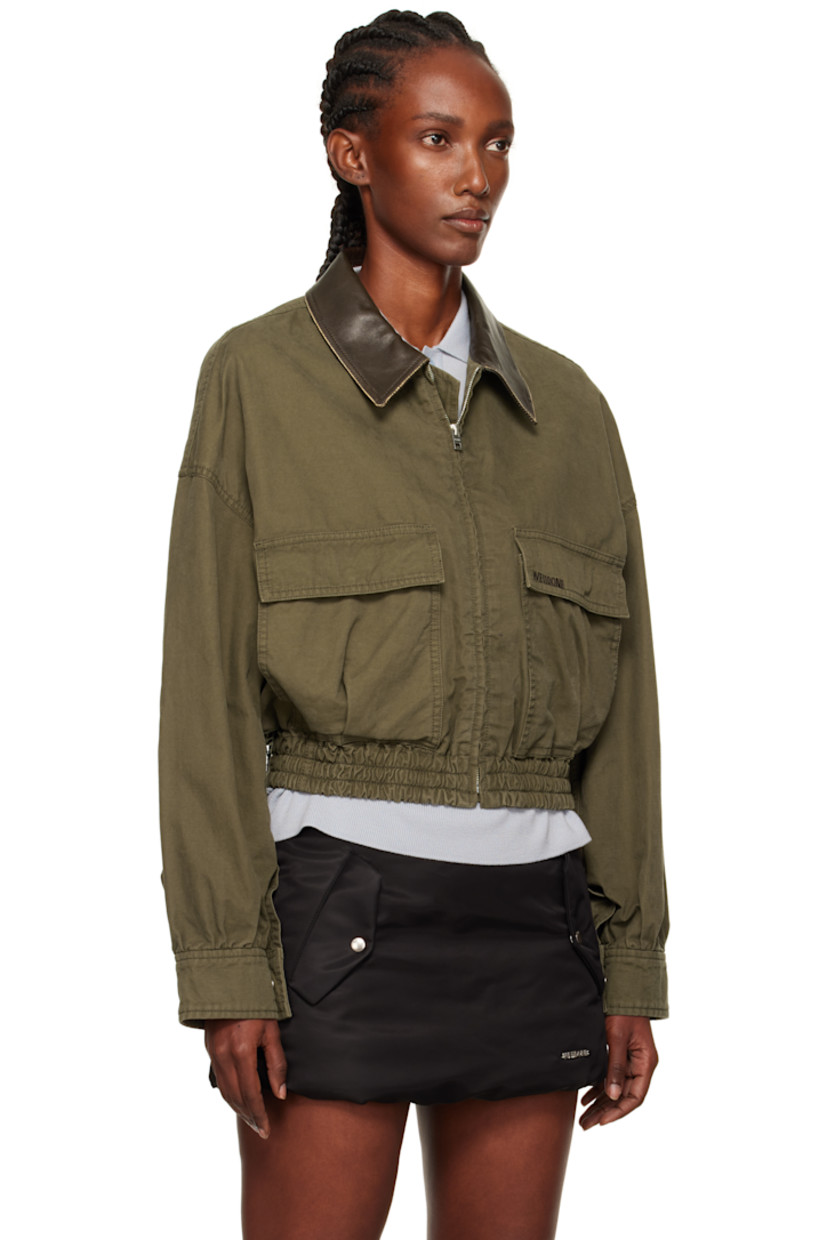 Cotton twill jacket.

· Subtle distressing throughout
· Grained lambskin spread collar
· Zip closure
· Flap pockets at waist
· Logo embroidered at pocket
· Elasticized cropped hem
· Dropped shoulders
· Press-stud barrel cuffs

Supplier color: Khaki