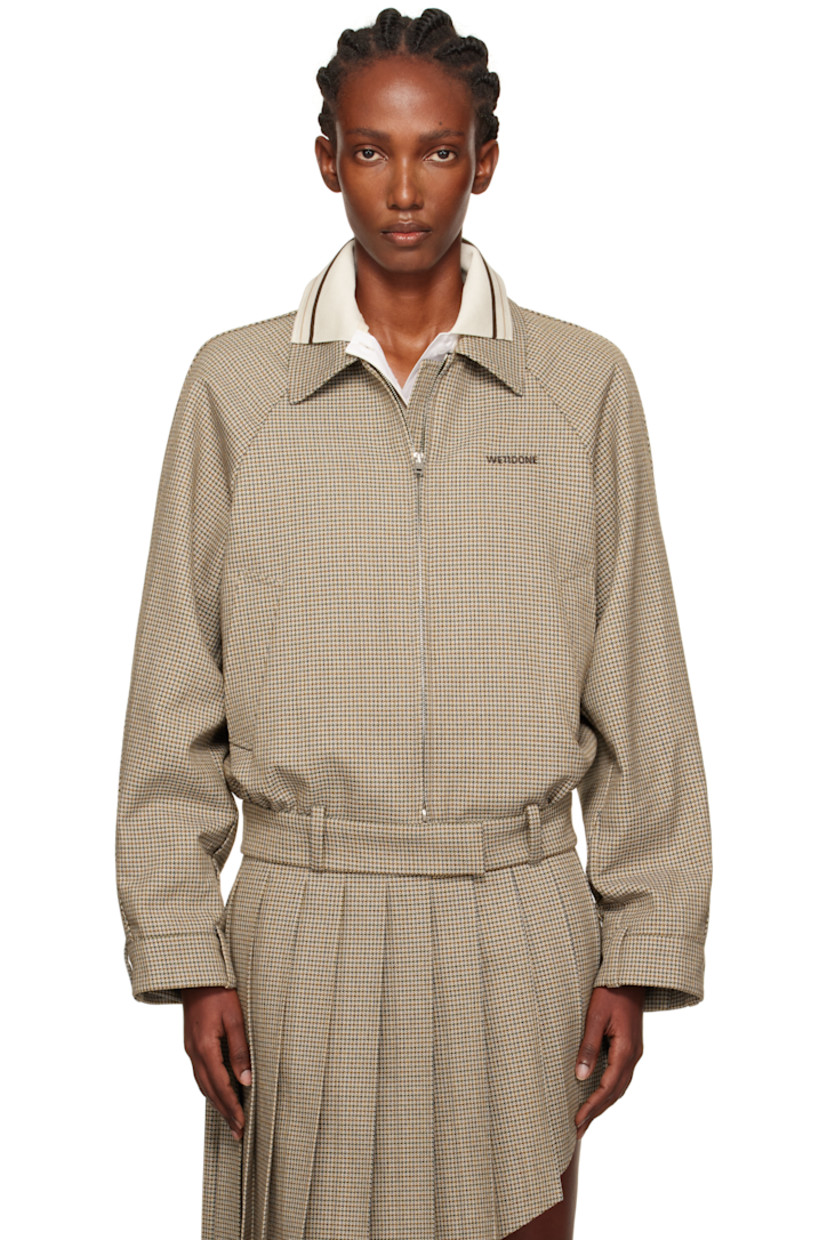 Wool-blend tweed jacket.

· Houndstooth pattern throughout
· Spread collar
· Two-way zip closure
· Logo embroidered at chest
· Welt pockets at waist
· Press-stud fastening and belt loops at hem
· Raglan sleeves
· Press-stud tab at cuffs
· Pleats at back hem
· Welt pockets at interior
· Full satin lining

Supplier color: Beige