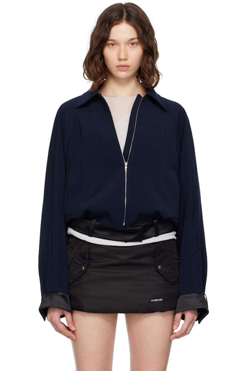 Plain-woven jacket.

· Spread collar
· Zip closure
· Logo embroidered at chest
· Welt pockets at front and interior
· Satin trim with belt loops and press-studs at hem and cuffs
· Twill lining
· Logo-engraved silver-tone hardware

Supplier color: Navy