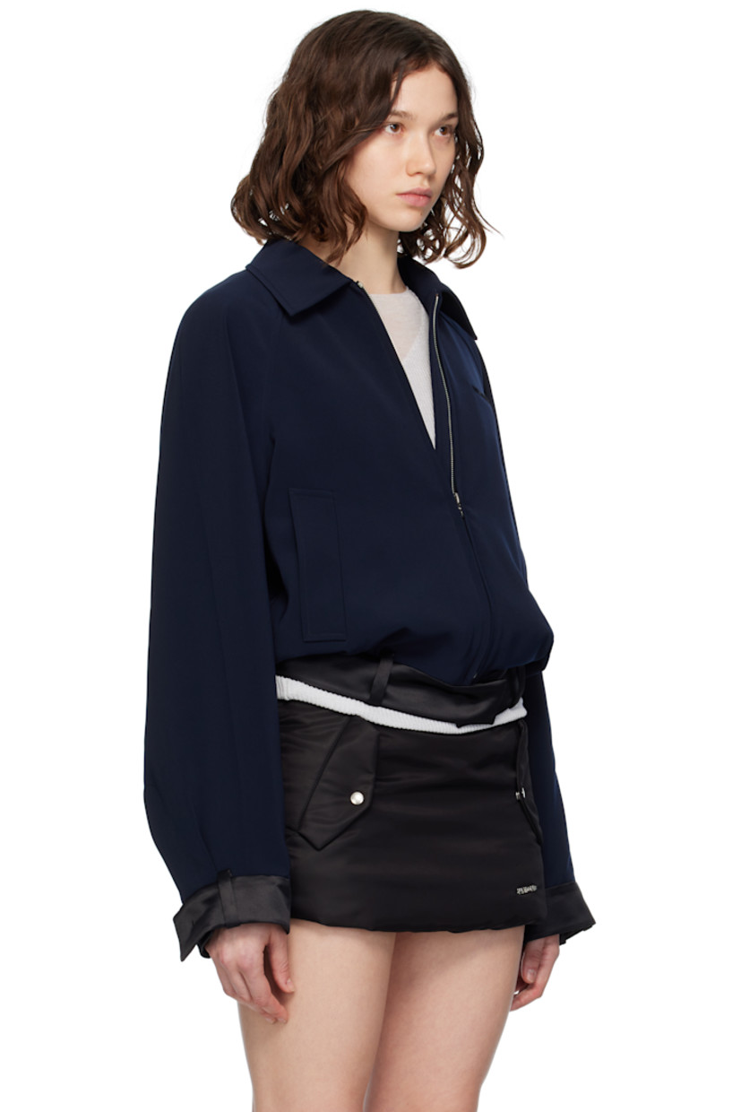 Plain-woven jacket.

· Spread collar
· Zip closure
· Logo embroidered at chest
· Welt pockets at front and interior
· Satin trim with belt loops and press-studs at hem and cuffs
· Twill lining
· Logo-engraved silver-tone hardware

Supplier color: Navy