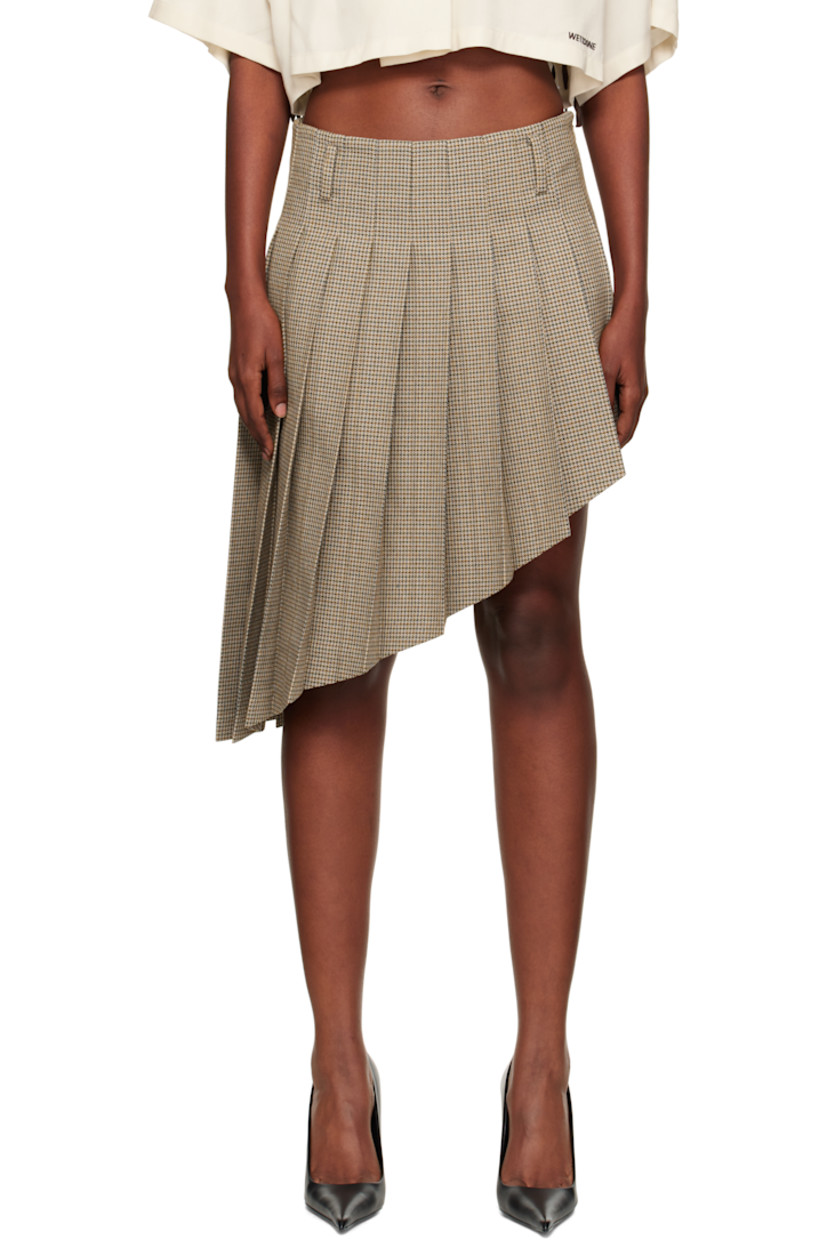 Wool-blend tweed midi skirt.

· Houndstooth pattern and knife pleats throughout
· Belt loops
· Asymmetrical hem
· Concealed zip closure at side seam
· Logo embroidered at back waist
· Unlined

Supplier color: Beige