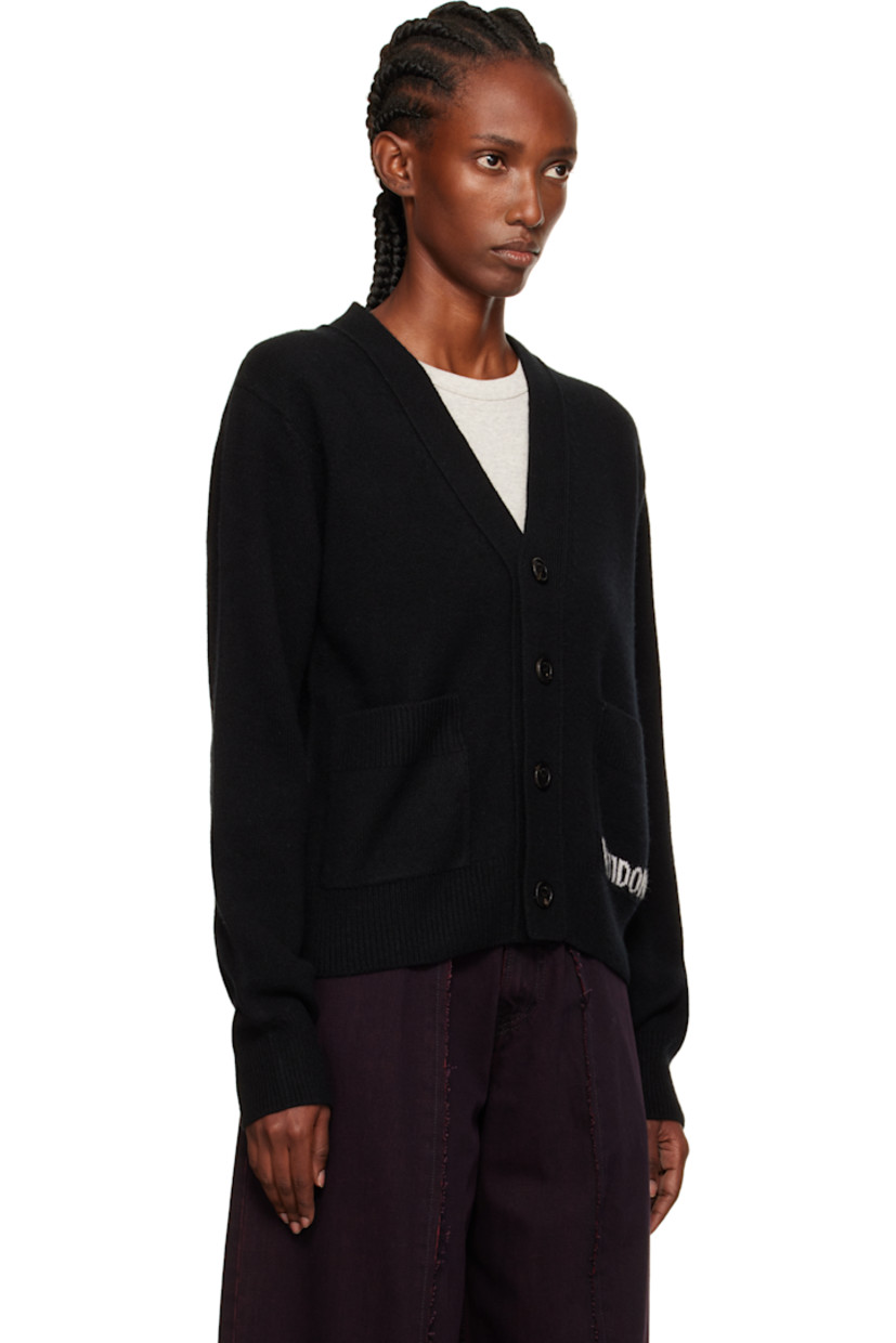 Brushed knit wool-blend cardigan.

· Rib-knit Y-neck, hem, and cuffs
· Button closure
· Patch pockets at waist
· Intarsia logo at pocket

Supplier color: Black
