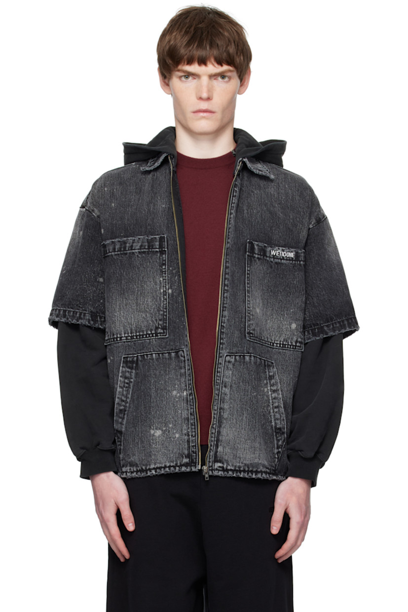 Non-stretch denim jacket.

· Fading, paint splatter pattern, and distressing throughout
· Hood at spread collar
· Zip closure
· Patch pockets at front
· Logo embroidered at chest
· Layered sleeves
· Rib-knit cuffs

Supplier color: Black