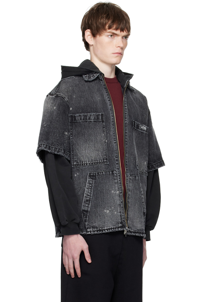 Non-stretch denim jacket.

· Fading, paint splatter pattern, and distressing throughout
· Hood at spread collar
· Zip closure
· Patch pockets at front
· Logo embroidered at chest
· Layered sleeves
· Rib-knit cuffs

Supplier color: Black