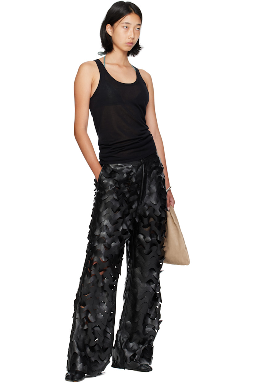 Buffed faux-leather pants.

· Laser-cut pattern throughout
· Two-pocket styling
· Zip-fly
· Full mesh lining

Supplier color: Black