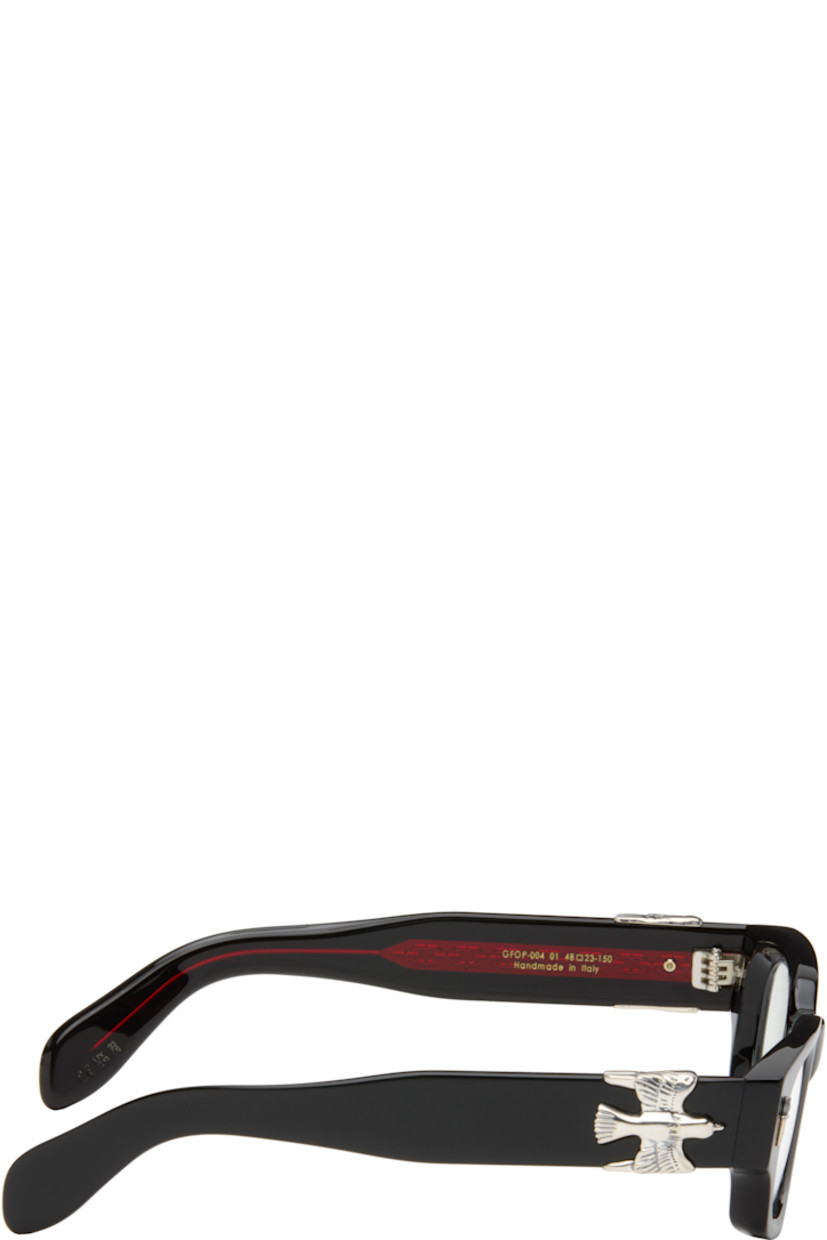 Handcrafted rectangular acetate-frame optical glasses in black.

· Integrated nose pads
· Sterling silver graphic hardware at face and temples
· Exposed core wires
· Includes case 
· Size: 48.23 150

Part of the Cutler and Gross x The Great Frog collaboration.

Supplier color: Black