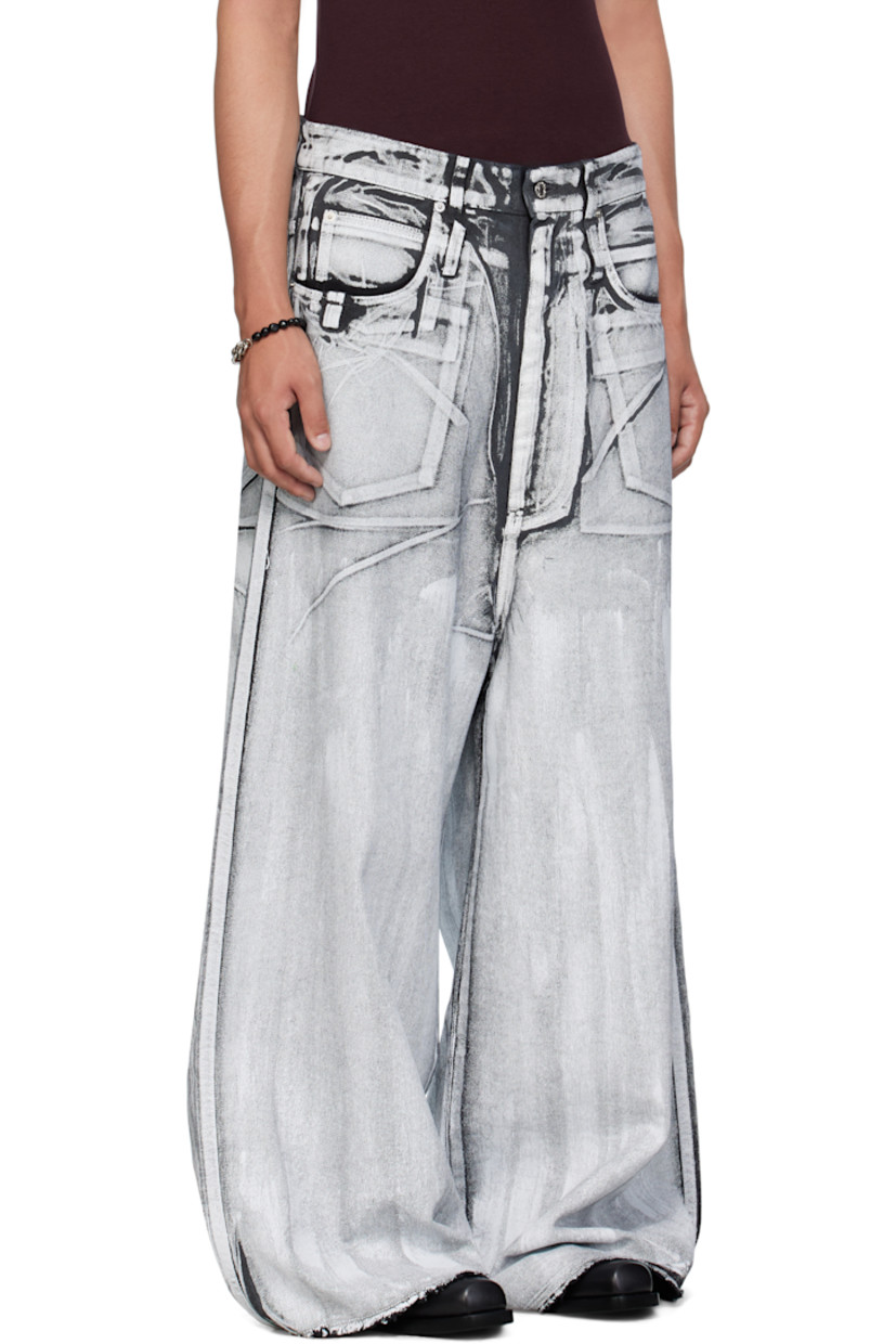 Coated non-stretch denim jeans.

· Belt loops
· Concealed drawstring at waistband 
· Five-pocket styling
· Zip fly 
· Hammer loop at front pocket 
· Raw edge at cuffs
· Logo patch at back waistband 
· Logo-engraved silver-tone hardware 

Supplier color: X-ray