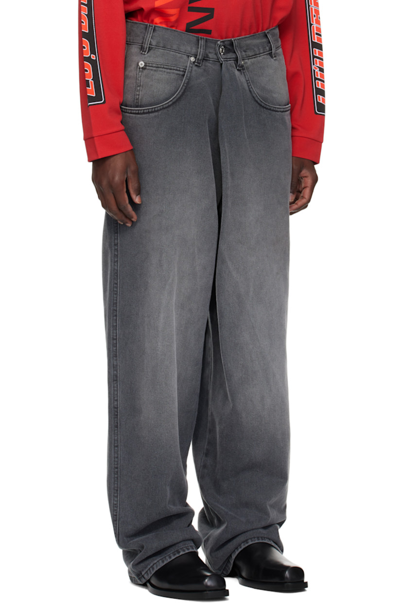 Non-stretch denim jeans.

· Straight, wide-leg
· Mid-rise
· Belt loops
· Five-pocket styling
· Zip fly
· Logo patch at back waistband
· Logo-engraved silver-tone hardware

Supplier color: Outcast Grey
