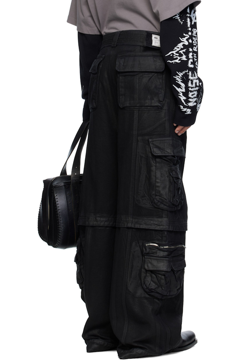 Coated non-stretch denim cargo pants. 

· Belt loops
· Detachable cinch belt 
· Four-pocket styling
· Zip fly 
· Cargo pockets at outseams

Supplier color: Coated black