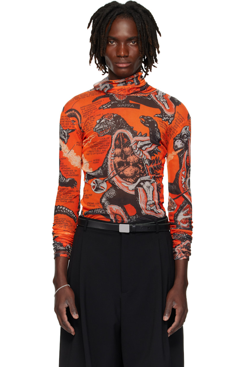 Sheer stretch mesh turtleneck. Graphic pattern printed throughout.

Supplier color: Monsters/Kumquat