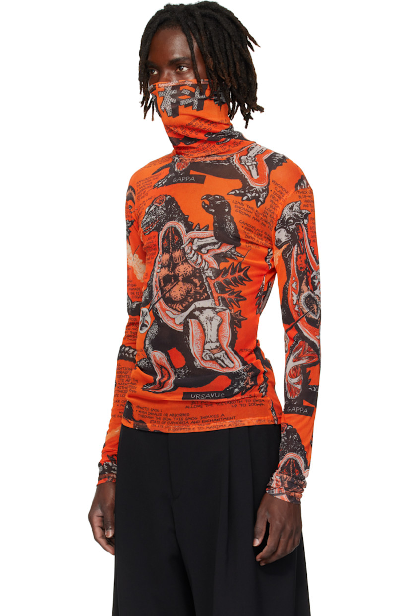 Sheer stretch mesh turtleneck. Graphic pattern printed throughout.

Supplier color: Monsters/Kumquat