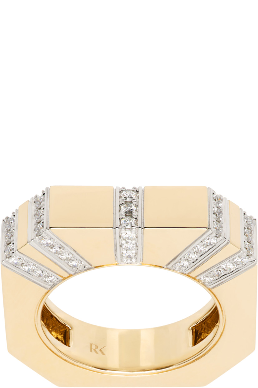 Modified signet ring in 14k gold. 

· Pavé-set 0.40 cttw diamonds at face
· White gold detailing at face
· Hollow interior
· Logo stamp at inner band

Supplier color: 14k yg/Wg