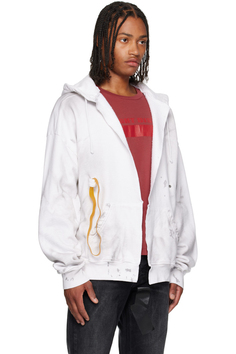 Cotton fleece hoodie.

· Discoloration throughout 
· Drawstring at hood
· Press-stud tabs with detachable rubber band at front 
· Patch pockets
· Rib-knit hem and cuffs 

Supplier color: Dirty white