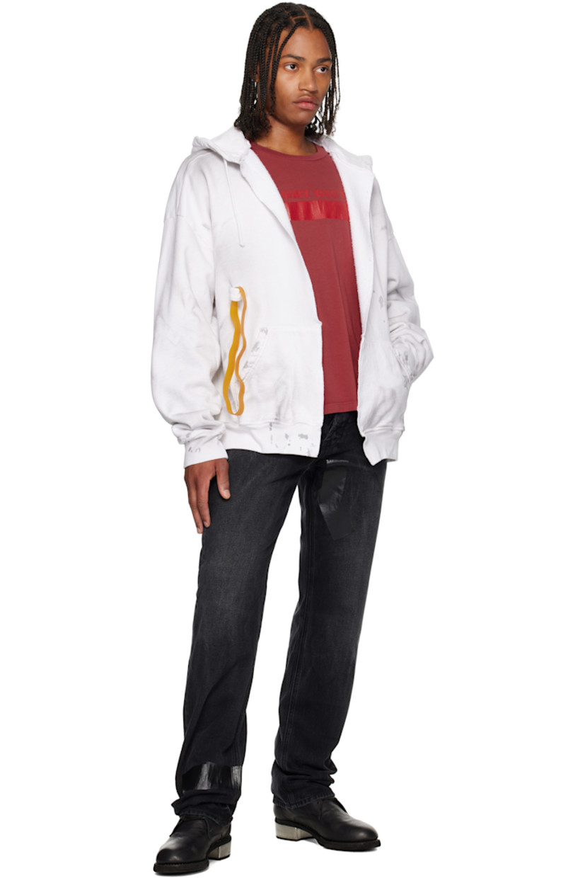 Cotton fleece hoodie.

· Discoloration throughout 
· Drawstring at hood
· Press-stud tabs with detachable rubber band at front 
· Patch pockets
· Rib-knit hem and cuffs 

Supplier color: Dirty white