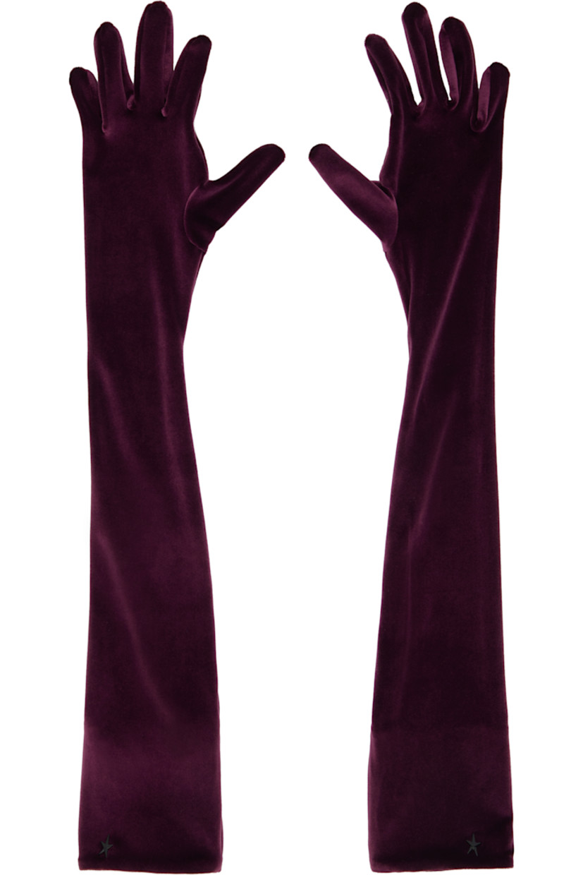 Pair of stretch velour long gloves. 

· Past elbow length
· Logo hardware at cuffs

Supplier color: Burgundy