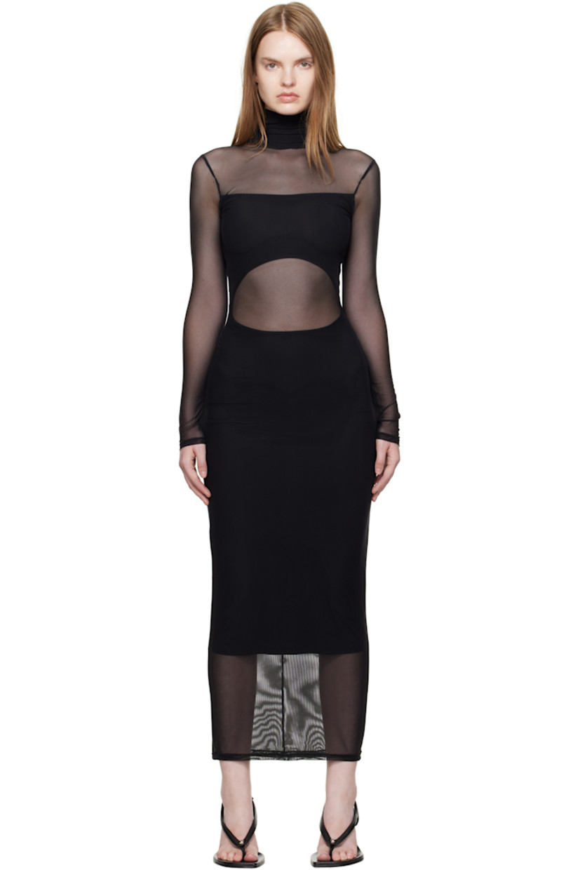 Jersey and semi-sheer recycled mesh midi dress.

· Layered construction 
· Turtleneck
· Concealed zip closure at back 

Supplier color: Black