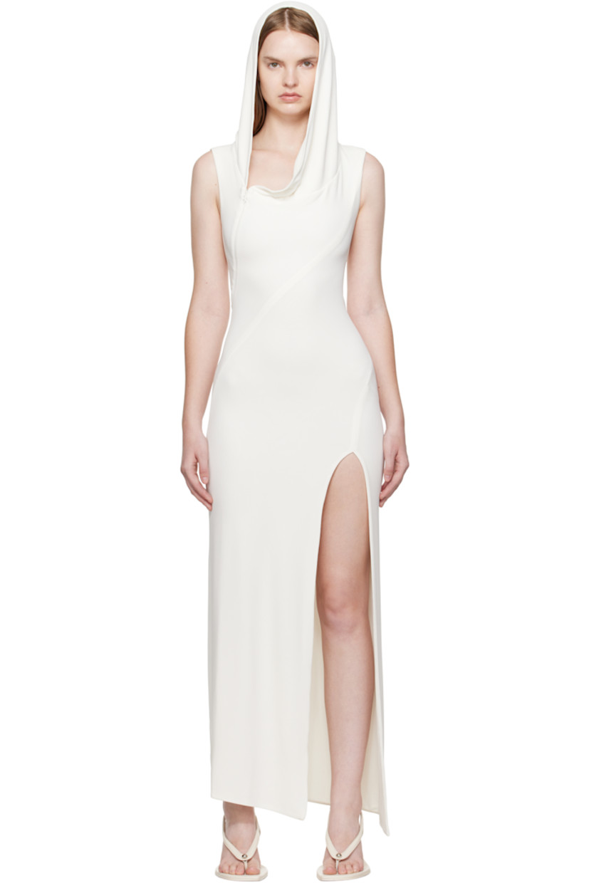 Stretch viscose jersey maxi dress.

· Draped hood 
· Offset V-neck
· Zip closure at shoulder
· Slit at front hem
· Fully lined 

Supplier color: White