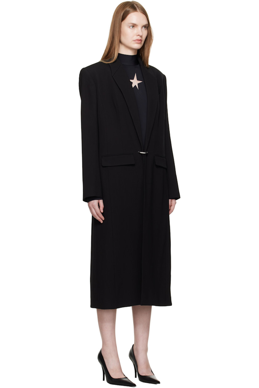 Viscose- and virgin wool-blend twill coat. 

· Notched lapel 
· Welt pocket at chest 
· Hinged-ring fastening at front 
· Flap pockets at waist
· Padded shoulders
· Central vent at back hem 
· Full cupro satin lining 

Supplier color: Black
