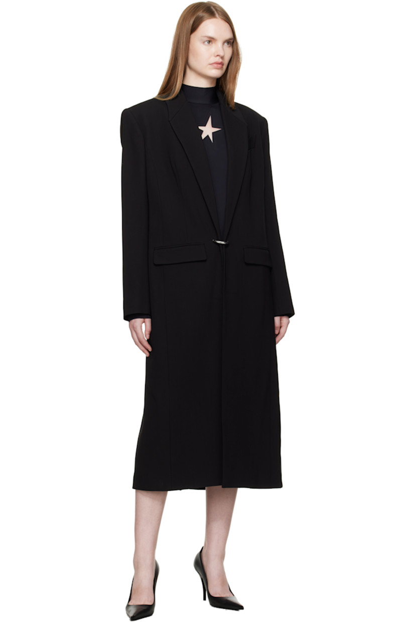 Viscose- and virgin wool-blend twill coat. 

· Notched lapel 
· Welt pocket at chest 
· Hinged-ring fastening at front 
· Flap pockets at waist
· Padded shoulders
· Central vent at back hem 
· Full cupro satin lining 

Supplier color: Black