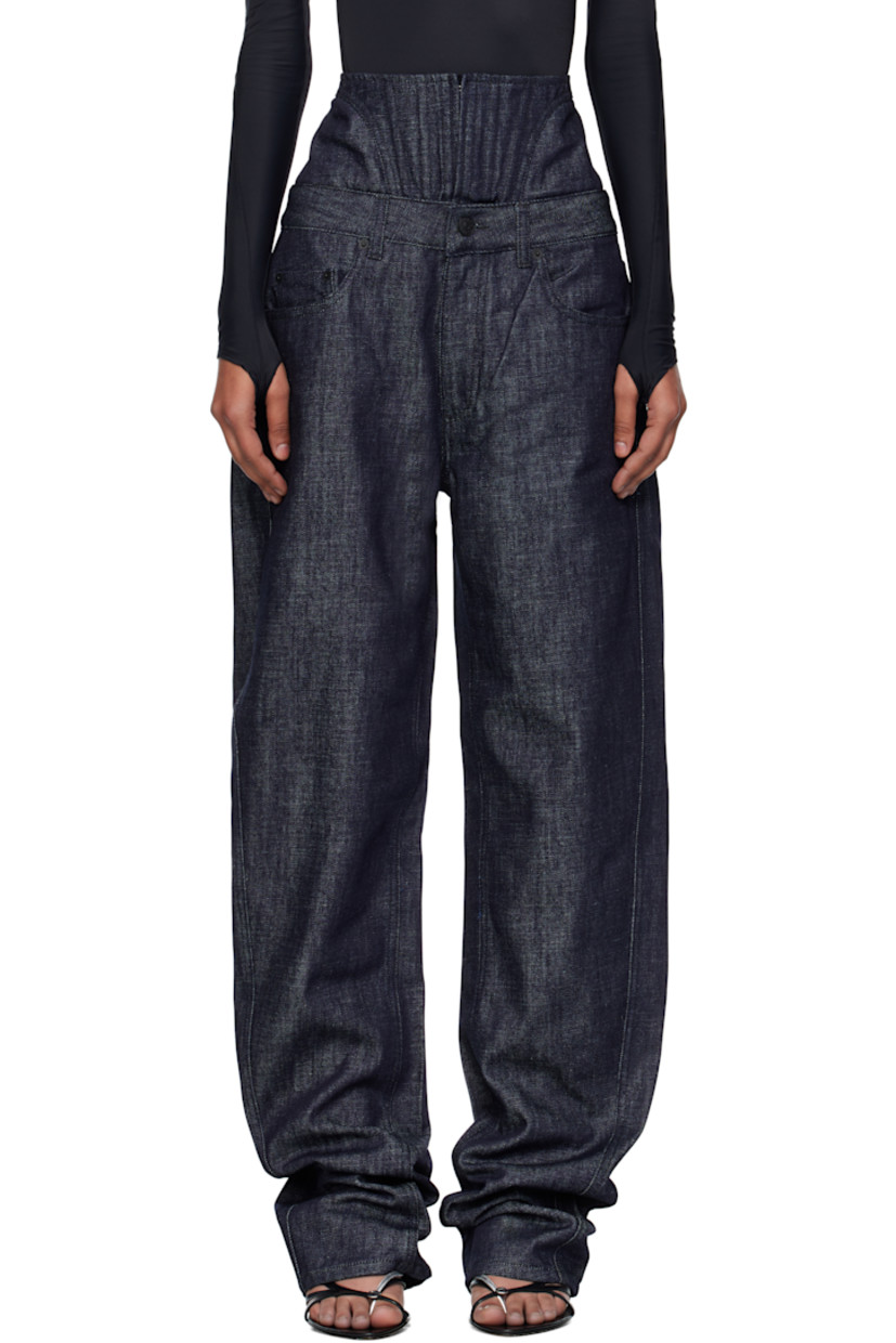 Non-stretch organic cotton-blend denim jeans. 

· Straight-leg 
· High-rise 
· Boning and hook-eye fastening at corset waist
· Belt loops
· Five-pocket styling
· Zip fly 
· Logo patch at back waistband

Supplier color: Raw blue