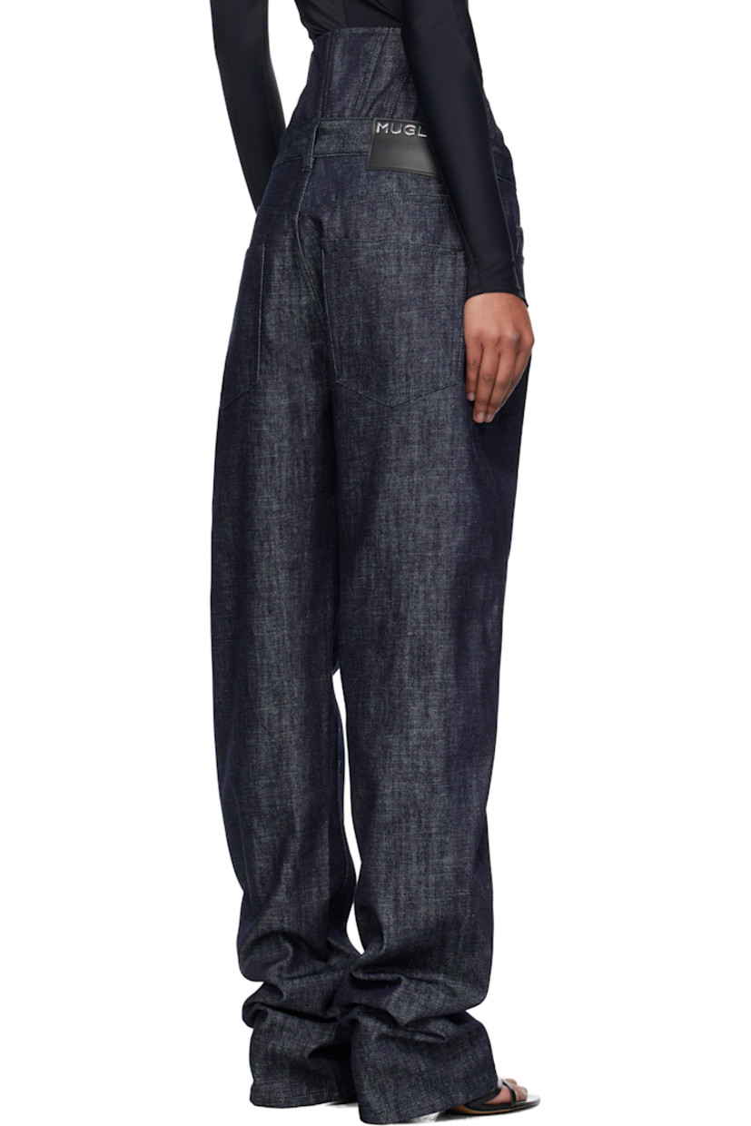 Non-stretch organic cotton-blend denim jeans. 

· Straight-leg 
· High-rise 
· Boning and hook-eye fastening at corset waist
· Belt loops
· Five-pocket styling
· Zip fly 
· Logo patch at back waistband

Supplier color: Raw blue