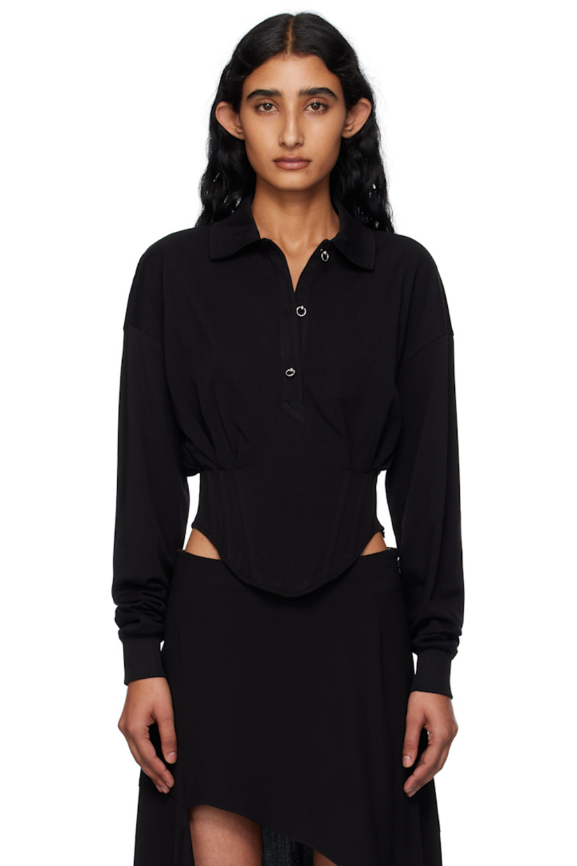 Cotton piqué corset-style polo. 

· Rib-knit spread collar
· Three-button placket 
· Pleats and boning at bodice 
· Zip closure at side seam
· Curved hem 
· Logo plaque at back collar 

Supplier color: Black