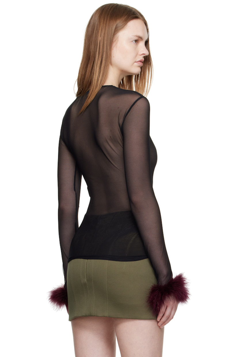 Stretch recycled mesh T-shirt.

· Sheer 
· Crewneck
· Faux-fur trim at cuffs

Supplier color: Dark plum/Black