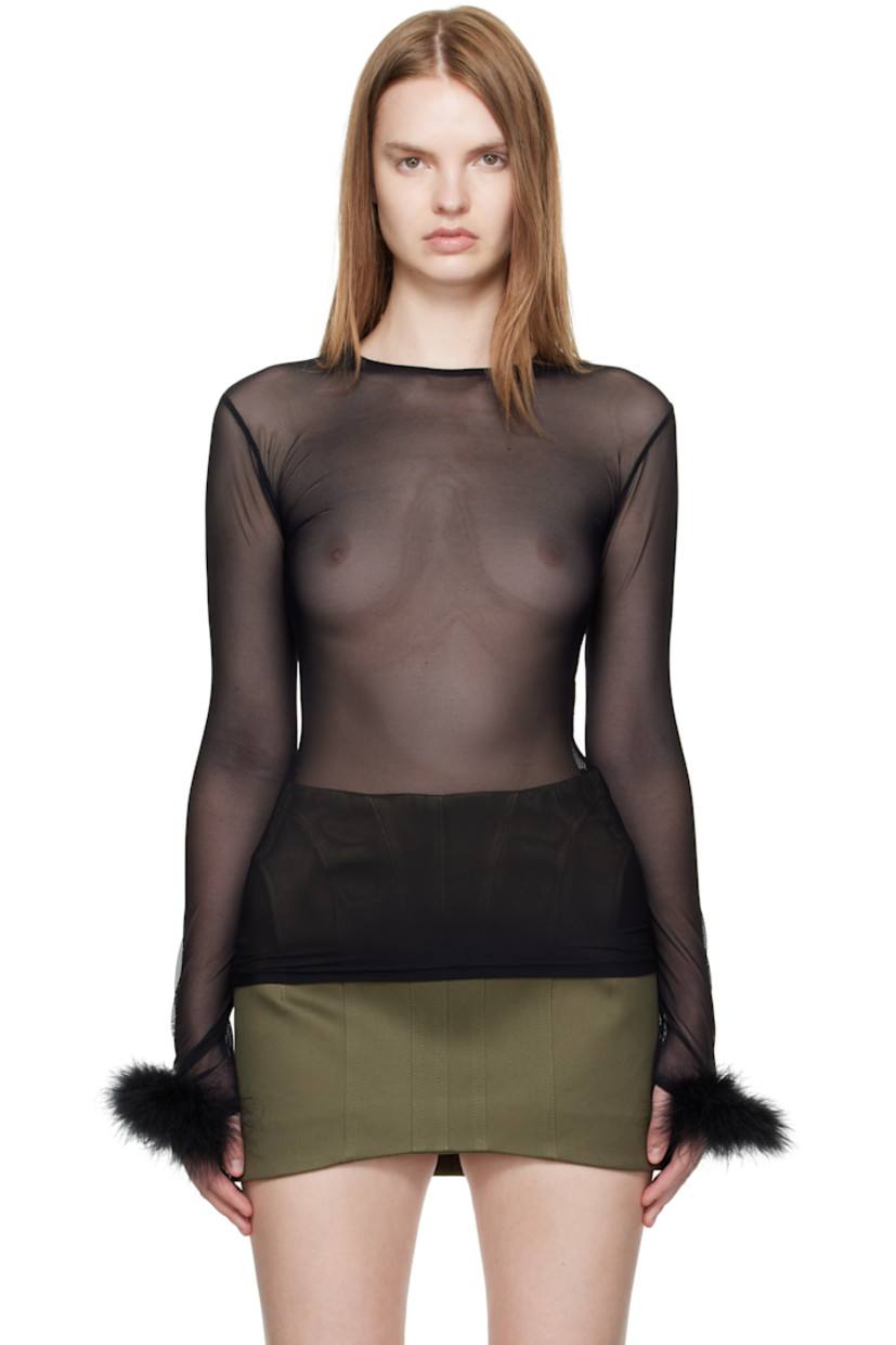 Stretch recycled mesh T-shirt.

· Sheer 
· Crewneck
· Faux-fur trim at cuffs

Supplier color: Black