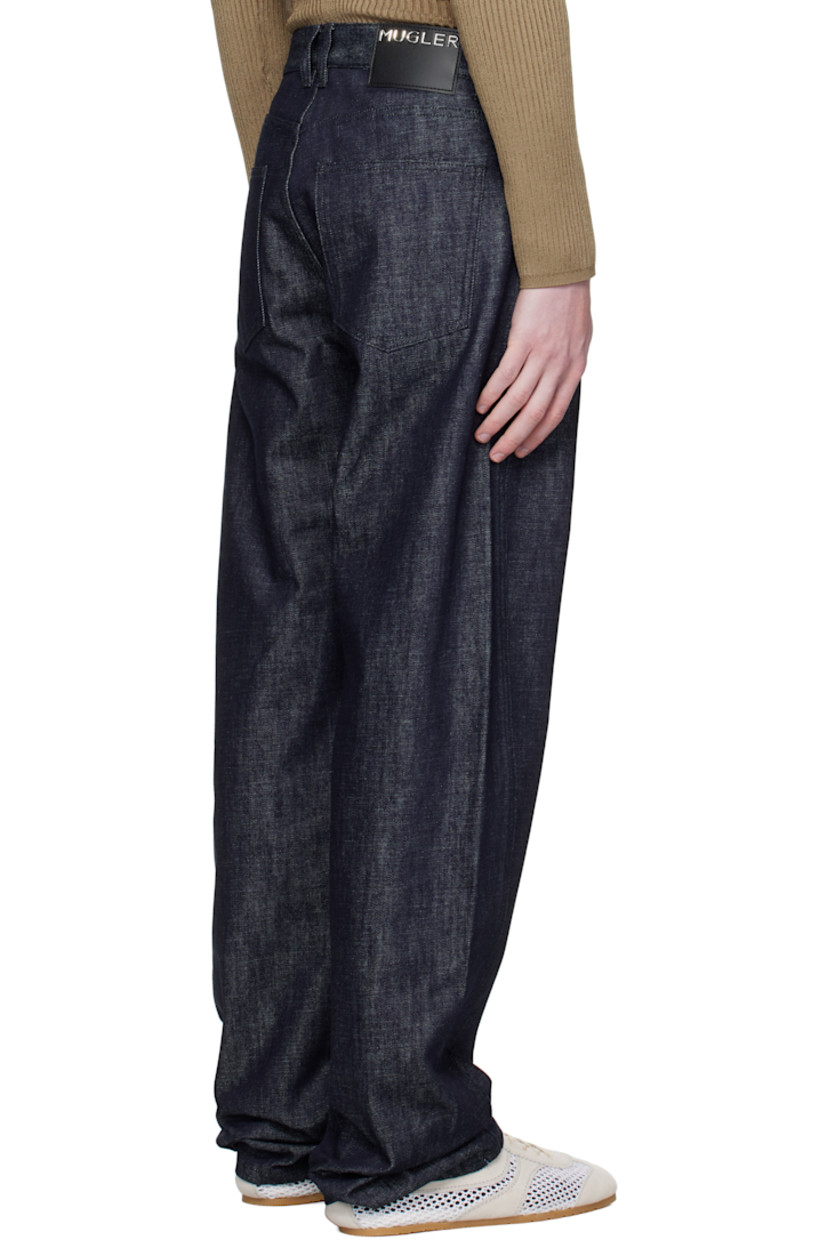 Non-stretch denim jeans.

· High-rise
· Belt loops
· Five-pocket styling 
· Zip fly
· Twisted outseams
· Logo patch at back waistband
· Logo-engraved hardware

Supplier color: Raw Blue