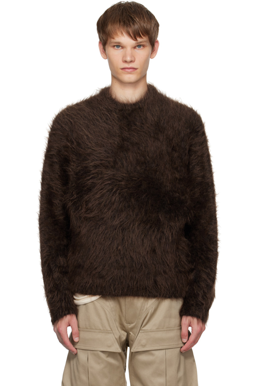 Brushed knit stretch mohair- and wool-blend sweater.

· Rib-knit crewneck, hem, and cuffs
· Logo plaque at back collar

Supplier color: Brown