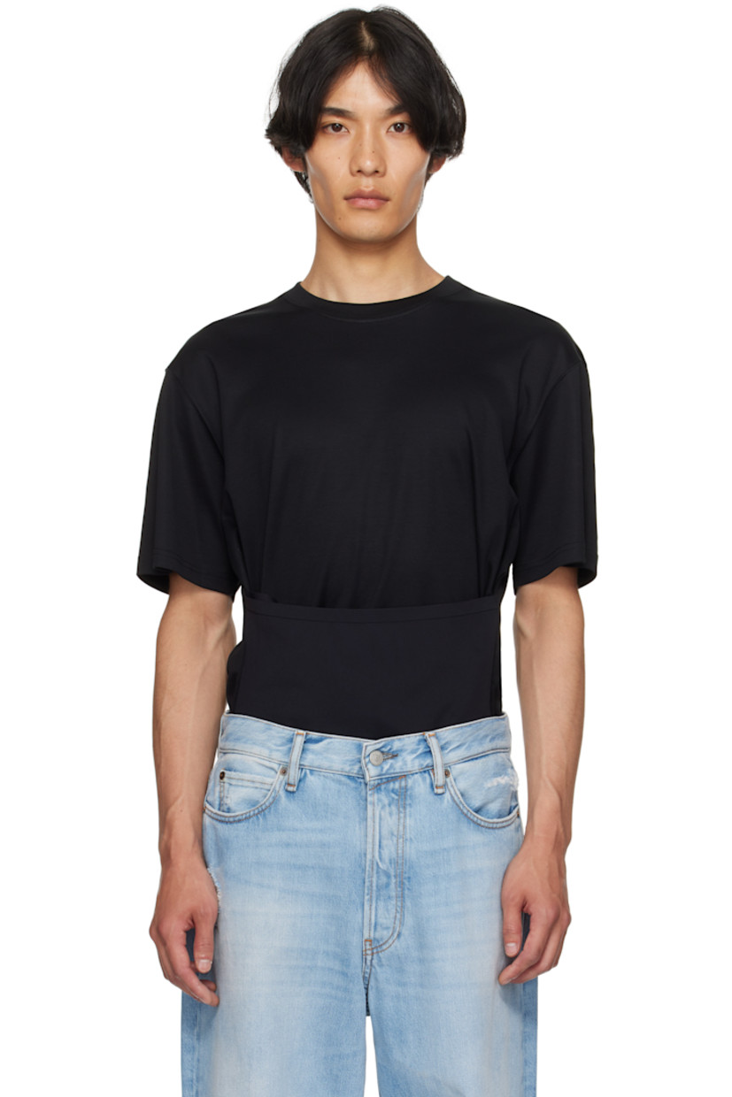 Cotton jersey T-shirt. 

· Rib-knit crewneck
· Stretch nylon jersey corset-style panel at waist 
· Logo plaque at back collar 

Supplier color: Black