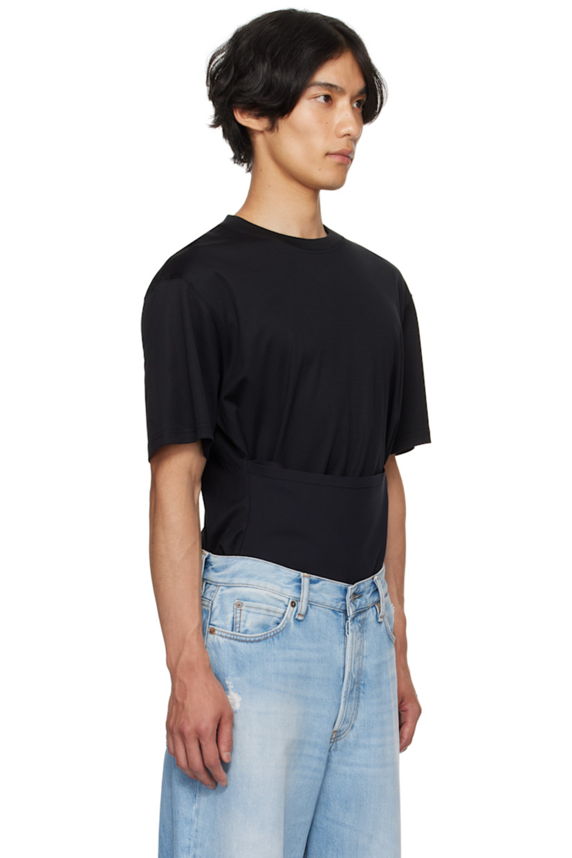 Cotton jersey T-shirt. 

· Rib-knit crewneck
· Stretch nylon jersey corset-style panel at waist 
· Logo plaque at back collar 

Supplier color: Black