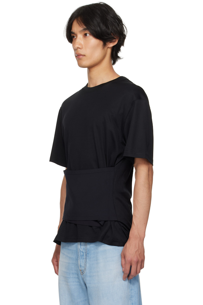 Cotton jersey T-shirt. 

· Rib-knit crewneck
· Stretch nylon jersey corset-style panel at waist 
· Logo plaque at back collar 

Supplier color: Black
