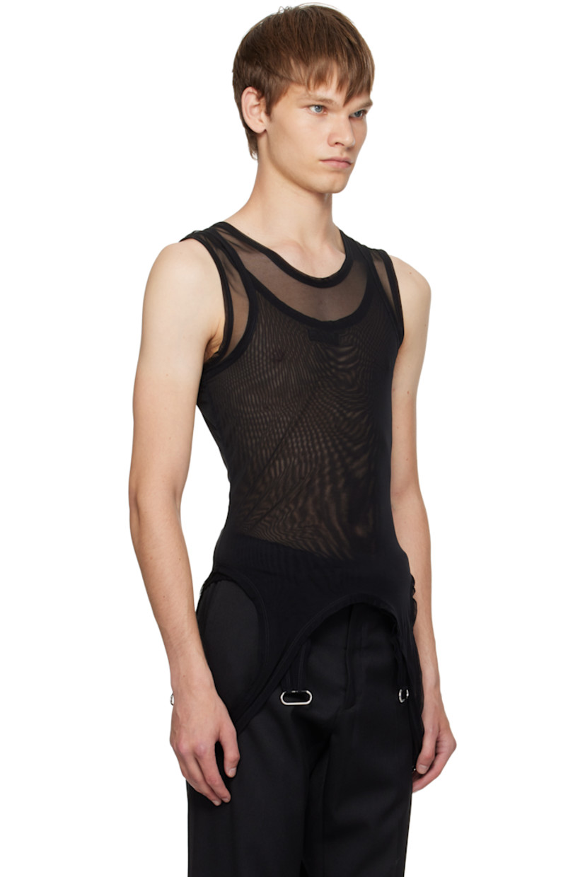 Sheer stretch nylon mesh tank top.

· Layered construction
· Crewneck
· Garter straps at hem

Supplier color: Black