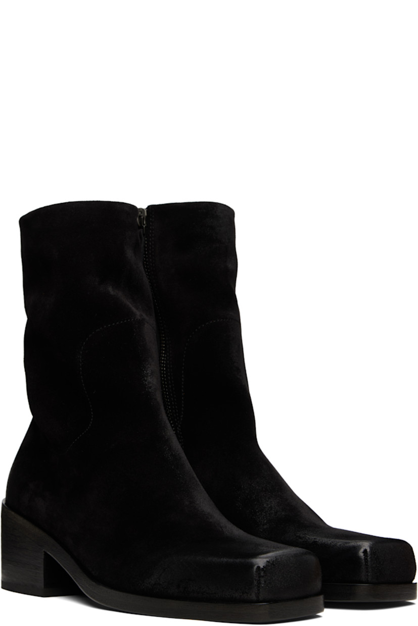 Ankle-high suede boots in black.

· Square toe
· Zip closure at inner side
· Stacked leather block heel with rubber injection
· Leather sole
· Heel: H2.25"

Supplier color: Black