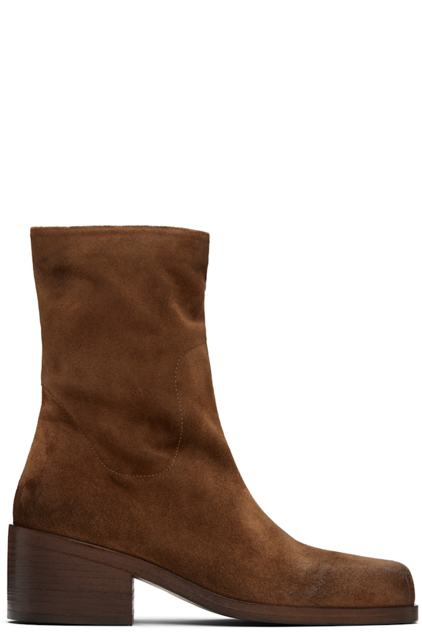 Ankle-high suede boots.

· Smudging throughout
· Square toe
· Zip closure at inner side
· Stacked leather block heel with rubber injection
· Leather sole
· Heel: H2"

Supplier color: Basalt