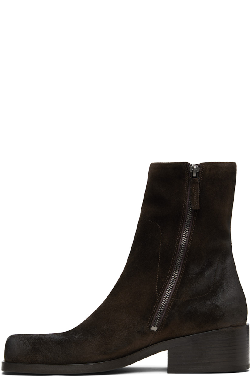 Ankle-high calfskin suede boots. Subtle distressing throughout. 

· Square toe
· Zip closure at inner side
· Suede and grained leather lining
· Stacked leather block heel
· Leather sole with rubber heel
· Heel: H2.25"

Supplier color: Dark brown