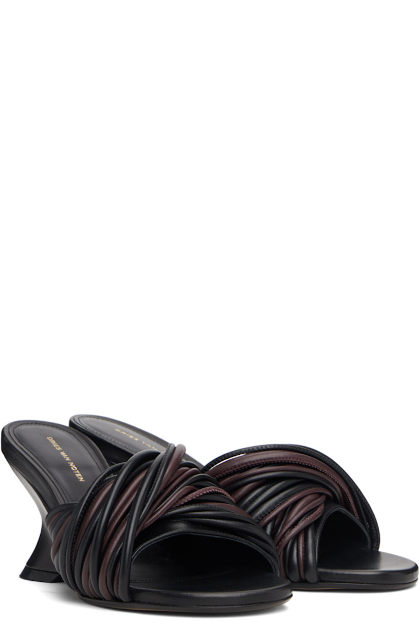 Buffed leather slip-on heeled sandals.

· Open toe
· Twisted straps at vamp
· Logo stamp at padded footbed
· Covered wedge heel with rubber injection
· Leather sole
· Heel: H3"

Supplier color: Dark brown