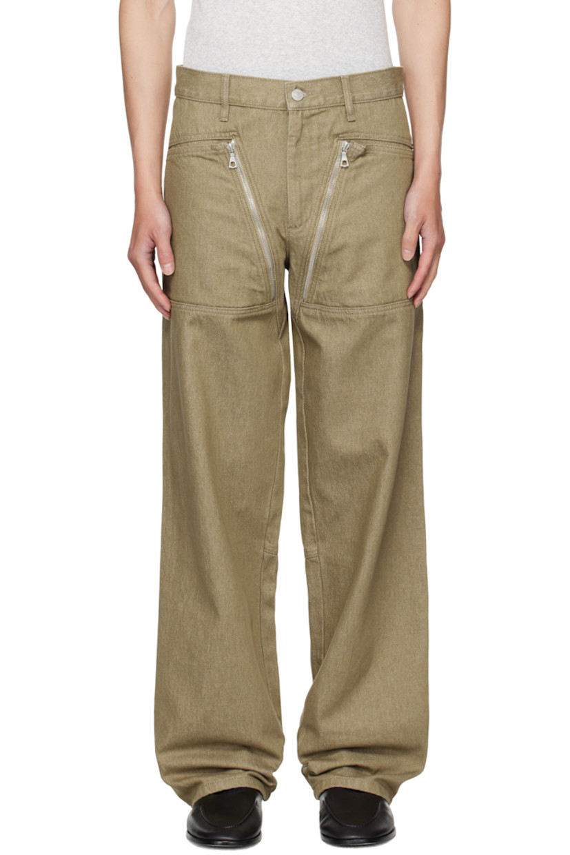 Non-stretch denim jeans.

· Fading throughout
· Belt loops
· Four-pocket styling
· Zip fly
· Pockets with zip gusset at front
· Paneled legs
· Logo-engraved silver-tone hardware

Supplier color: Stone