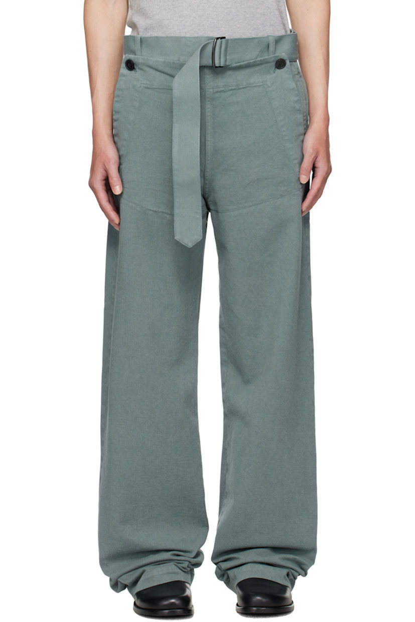 Overdyed cotton twill trousers.

· Belt loops
· Detachable cinch belt at waistband
· Four-pocket styling
· Zip fly
· Buttoned overlay at front

Supplier color: Raf