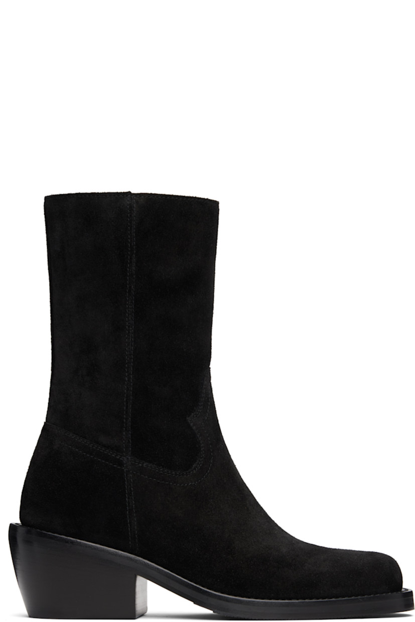 Mid-calf suede boots.

· Square toe
· Zip closure at inner side
· Topstitching at welt
· Stacked leather heel with rubber injection
· Leather sole with Vibram® rubber injection
· Heel: H2.5"

Supplier color: Black