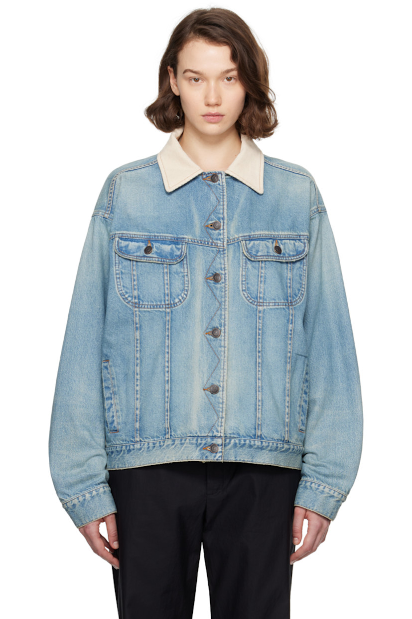Non-stretch denim jacket. Fading throughout. 

· Corduroy spread collar
· Button closure
· Flap and welt pockets
· Pleats at front
· Buttoned barrel cuffs
· Adjustable button tabs at back hem
· Full flannel lining
· Logo-engraved antiqued copper-tone hardware
· Contrast stitching in tan

Supplier color: Light indigo