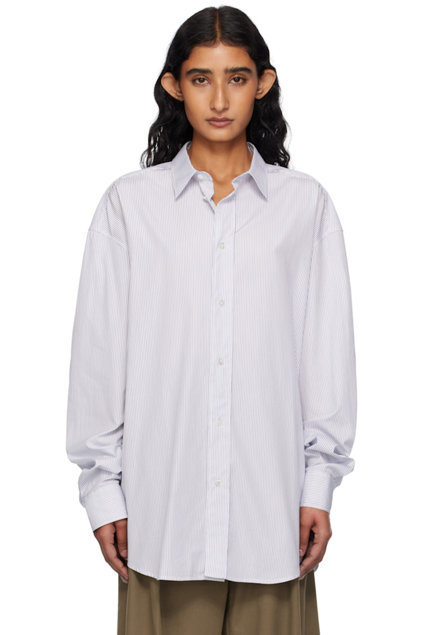 Cotton poplin shirt. 

· Striped throughout 
· Spread collar
· Button closure
· Shirttail hem
· Pleats at buttoned French cuffs
· Twin pleats at back yoke 
· Mother-of-pearl hardware

Supplier color: White/Blue