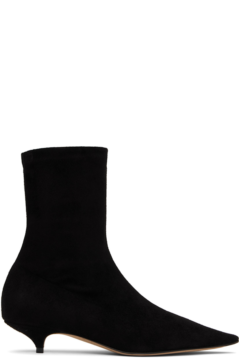 Ankle-high stretch calfskin suede boots. 

· Pointed toe
· Central seam at vamp
· Zip closure at inner side
· Jersey lining
· Covered kitten heel with rubber injection
· Nubuck sole with rubber injection
· Heel: H1.5"

Supplier color: Black