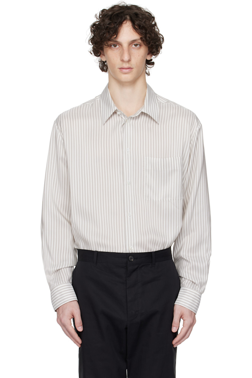 Silk satin shirt. Striped throughout.

· Spread collar
· Button closure
· Patch pocket
· Adjustable buttoned barrel cuffs
· Mother-of-pearl hardware

Supplier color: White w/ grey