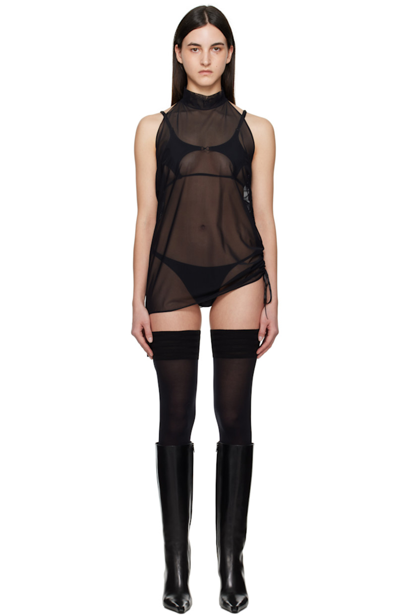 Sheer polyester mesh minidress.

· Stand collar
· Drawstring at side seams
· Hook-eye fastening at back collar

Supplier color: Black